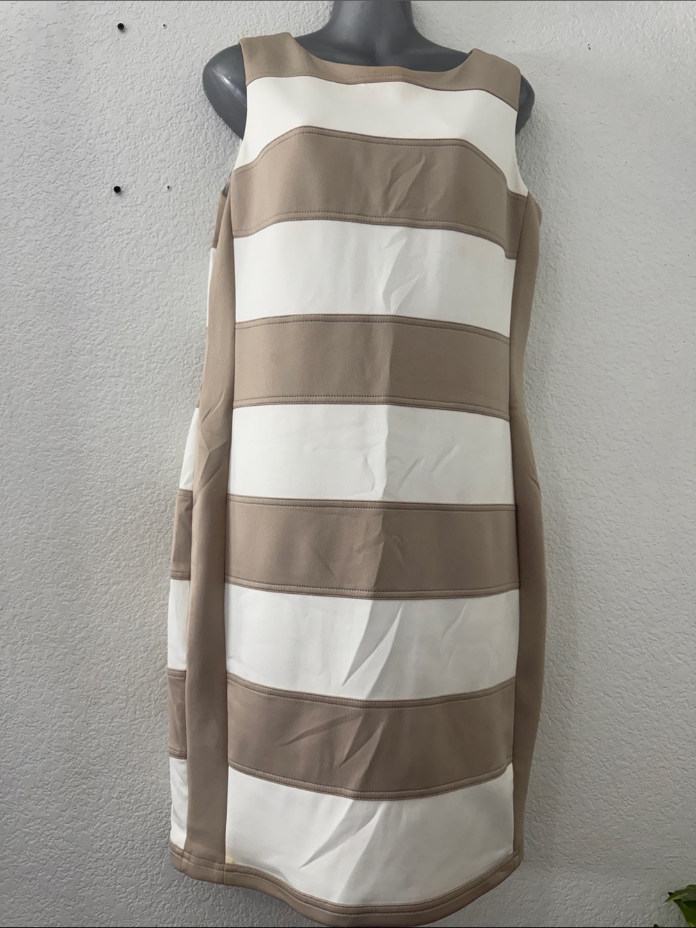 Calvin Klein Beige and White Striped Midi Shift Dress